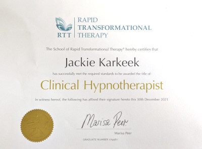 Jackie Karkeek's Licensed Clinical Hypnotherapy Certificate.