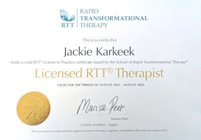 Jackie Karkeek's Licensed RTT (Rapid Transformational Therapy) Certificate.